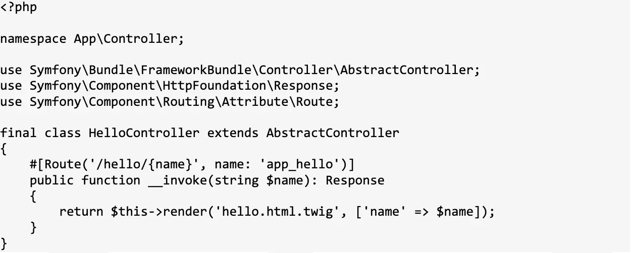 Przykład kontrolera Symfony z atrybutem Route, który renderuje szablon Twig
